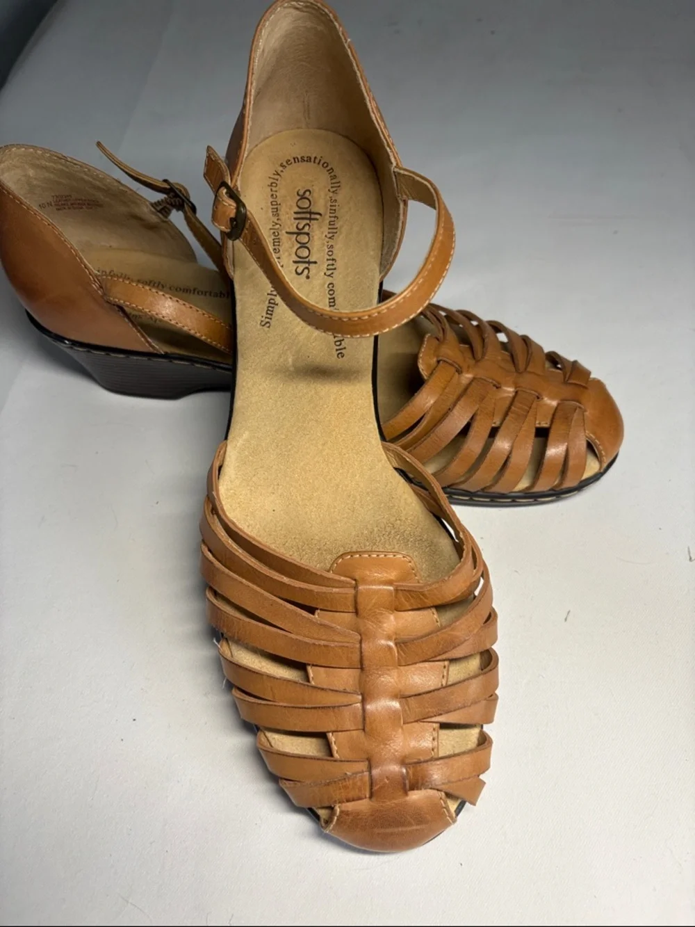 Softspots Cognac Woven Leather Ankle-Strap Sandals 10N